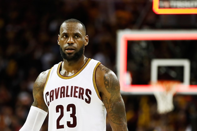 CLEVELAND, OH - MAY 23:  LeBron James #23 of the Cleveland Cavaliers reatcs to their 112 to 99 win over the Boston Celtics in Game Four of the 2017 NBA Eastern Conference Finals at Quicken Loans Arena on May 23, 2017 in Cleveland, Ohio. NOTE TO USER: User expressly acknowledges and agrees that, by downloading and or using this photograph, User is consenting to the terms and conditions of the Getty Images License Agreement.  (Photo by Gregory Shamus/Getty Images)