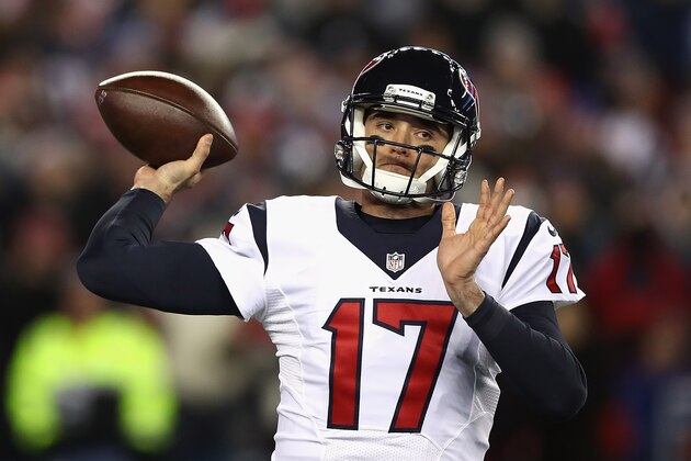 FOXBORO, MA - JANUARY 14: Brock Osweiler #17 of the Houston Texans looks to pass in the first half against the New England Patriots during the AFC Divisional Playoff Game at Gillette Stadium on January 14, 2017 in Foxboro, Massachusetts.  (Photo by Elsa/Getty Images)
