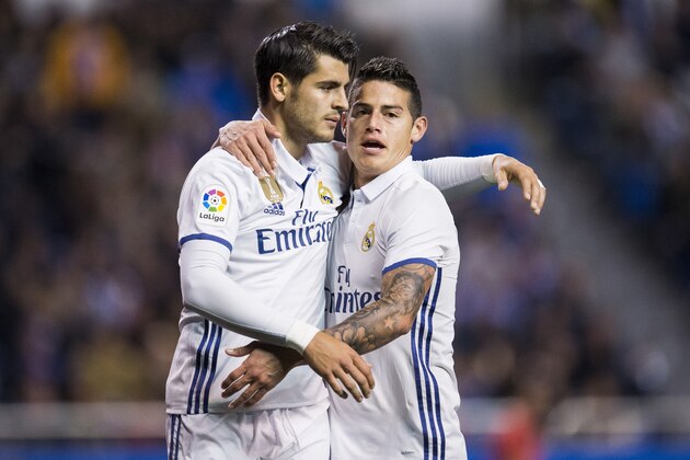 LA CORUNA, SPAIN - APRIL 26:  James Rodriguez of Real Madrid celebrates with his teammates Alvaro Morata of Real Madrid after scoring his team's fourth goal during the La Liga match between RC Deportivo La Coruna and Real Madrid at Riazor Stadium on April 26, 2017 in La Coruna, Spain.  (Photo by Juan Manuel Serrano Arce/Getty Images)