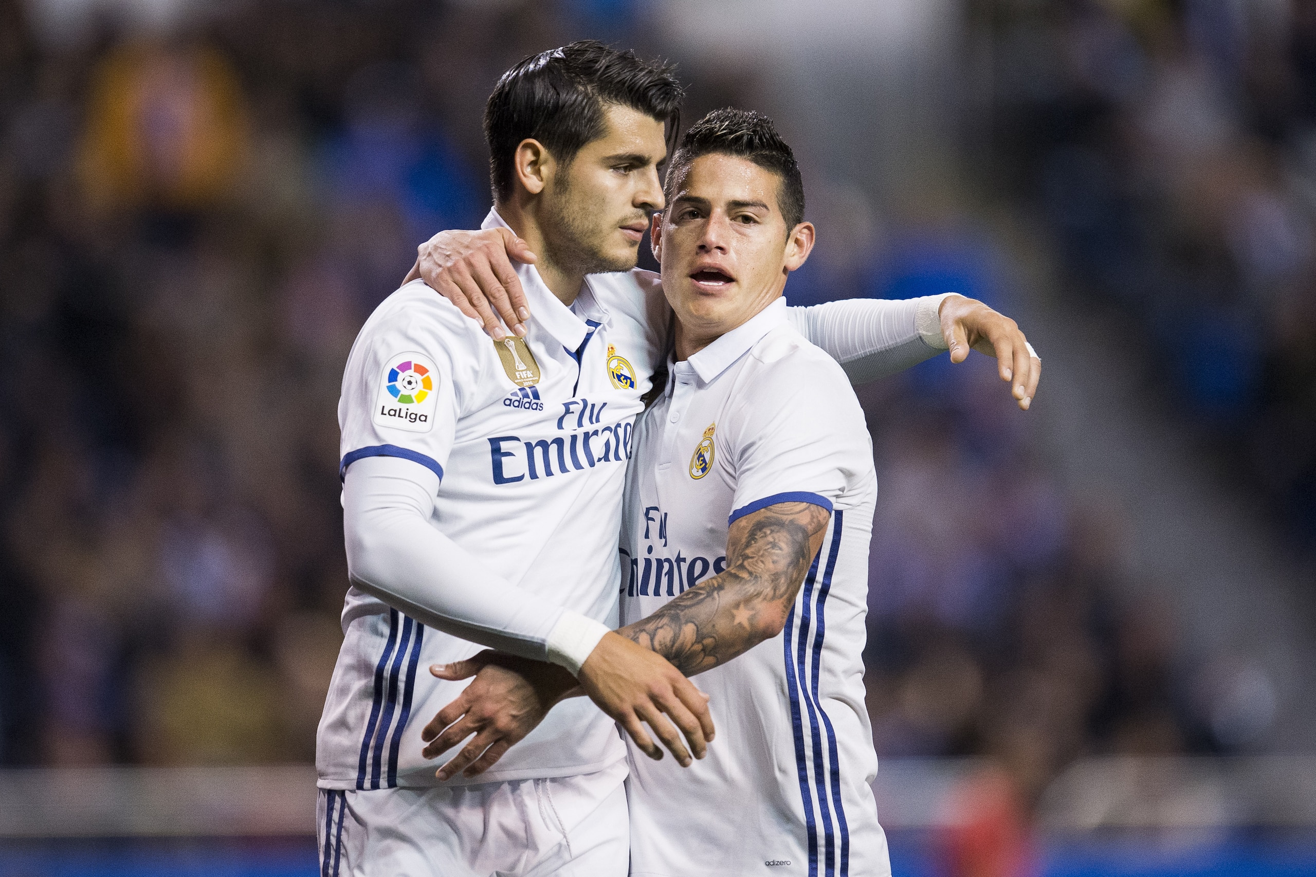 LA CORUNA, SPAIN - APRIL 26:  James Rodriguez of Real Madrid celebrates with his teammates Alvaro Morata of Real Madrid after scoring his team's fourth goal during the La Liga match between RC Deportivo La Coruna and Real Madrid at Riazor Stadium on April 26, 2017 in La Coruna, Spain.  (Photo by Juan Manuel Serrano Arce/Getty Images)