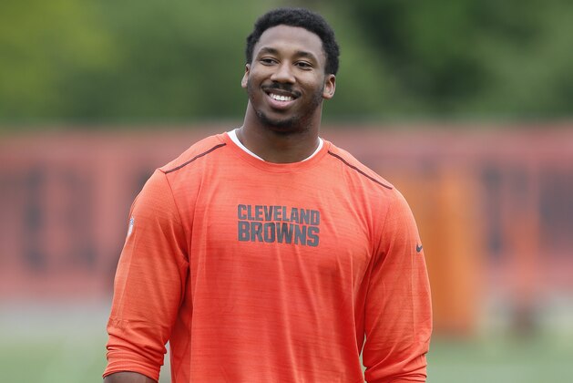 Cleveland Browns' Myles Garrett walks off the field during an NFL football rookie minicamp, Friday, May 12, 2017, in Berea, Ohio. (AP Photo/Ron Schwane)