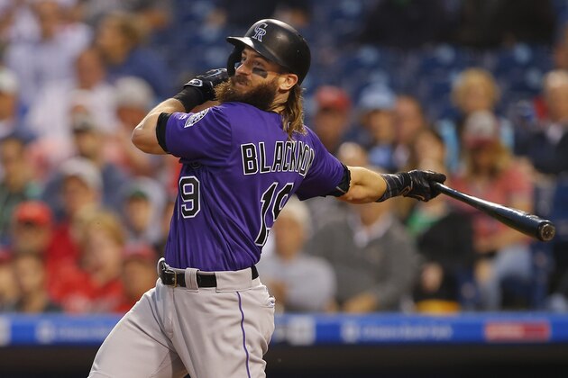 PHILADELPHIA, PA - MAY 22: Charlie Blackmon #19 of the Colorado Rockies hits a double during a game against the Philadelphia Phillies at Citizens Bank Park on May 22, 2017 in Philadelphia, Pennsylvania. (Photo by Rich Schultz/Getty Images)