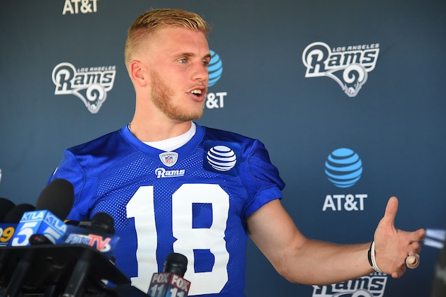 May 12, 2017; Thousand Oaks, CA, USA; Los Angeles Rams wide receiver Cooper Kupp (18) talks to the media during the teams rookie camp drills at the team's practice facility in Thousand Oaks. Mandatory Credit: Jayne Kamin-Oncea-USA TODAY Sports