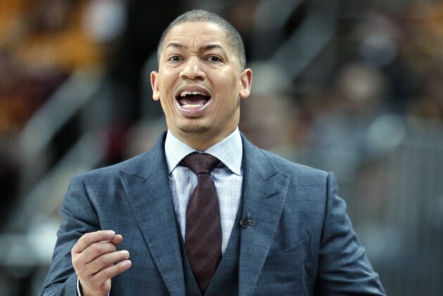 Cleveland Cavaliers coach Tyronn Lue argues with an official during the first half in Game 2 of the team's second-round NBA basketball playoff series against the Toronto Raptors, Wednesday, May 3, 2017, in Cleveland. The Cavaliers won 125-103. (AP Photo/Tony Dejak)