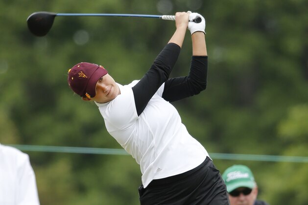Arizona State’s Monica Vaughn tees off during the final round of the NCAA Division I Women’s Golf Championships against Northwestern at Rich Harvest Farms, Wednesday, May 24, 2017, in Sugar Grove, Ill. (AP Photo/Charles Rex Arbogast)