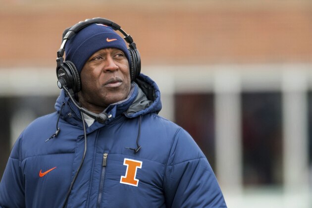 FILE - In this Nov. 19, 2016, file photo, Illinois head coach Lovie Smith checks the scoreboard during an NCAA college football game against Iowa at Memorial Stadium in Champaign, Ill. It’s been nearly a year since Illinois Director of Athletics Josh Whitman fired former coach Bill Cubit on his first day as athletic director and shocked Illini nation when he hired Smith on March 9. The new head coach was met with open arms from a fan base that’s known little success, especially in the past decade. What followed was a 3-9 season and a realization: This wasn’t going to be a quick culture change.(AP Photo/Bradley Leeb, File)
