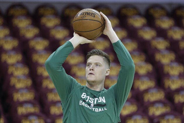 Boston Celtics' Jonas Jerebko, from Sweden, warms up before playing the Cleveland Cavaliers in Game 4 of the NBA basketball Eastern Conference finals, Tuesday, May 23, 2017, in Cleveland. (AP Photo/Tony Dejak)