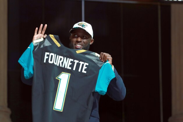 LSU's Leonard Fournette poses after being selected by the Jacksonville Jaguars during the first round of the 2017 NFL football draft, Thursday, April 27, 2017, in Philadelphia.  (Jeff Haynes/AP Images for Panini)