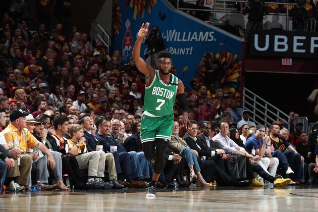 CLEVELAND, OH - MAY 23: Jaylen Brown #7 of the Boston Celtics reacts during the game against the Cleveland Cavaliers in Game Four of the Eastern Conference Finals during the 2017 NBA Playoffs on May 23, 2017 at Quicken Loans Arena in Cleveland, Ohio.  NOTE TO USER: User expressly acknowledges and agrees that, by downloading and or using this Photograph, user is consenting to the terms and conditions of the Getty Images License Agreement. Mandatory Copyright Notice: Copyright 2017 NBAE (Photo by Nathaniel S. Butler/NBAE via Getty Images)