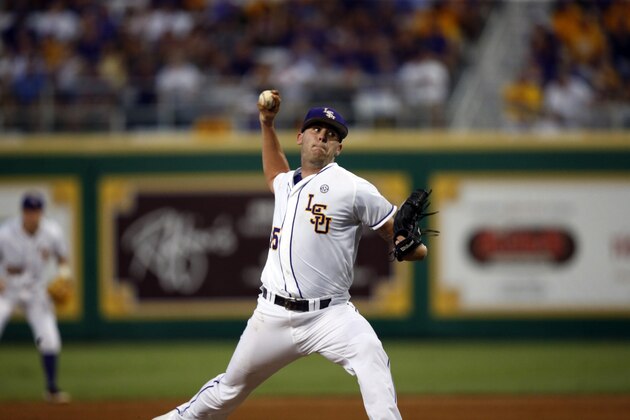 LSU pitcher Alex Lange (35) pitches in the first inning of a Super Regional NCAA college baseball game against Coastal Carolina in Baton Rouge, La., Saturday, June 11, 2016. (AP Photo/Gerald Herbert)