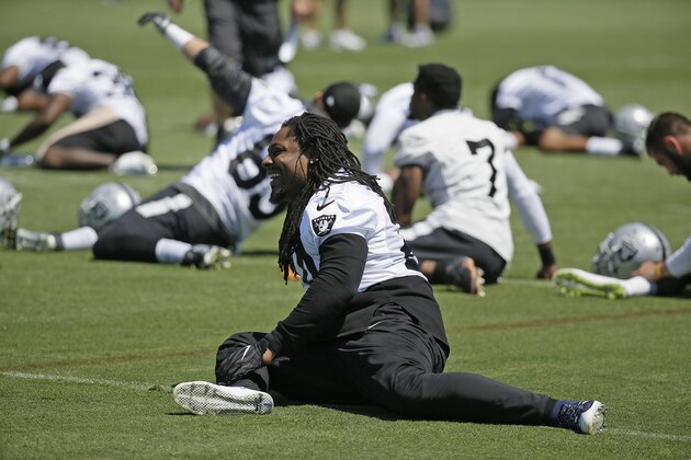 Oakland Raiders running back Marshawn Lynch during an NFL football team activity Tuesday, May 23, 2017, in Alameda, Calif. (AP Photo/Eric Risberg)