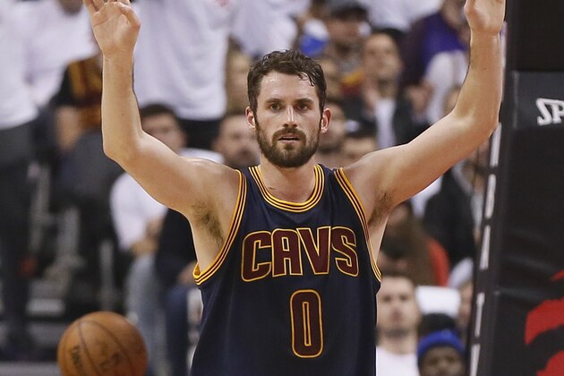 May 5, 2017; Toronto, Ontario, CAN; Cleveland Cavaliers forward Kevin Love (0) celebrates in game three of the second round of the 2017 NBA Playoffs against the Toronto Raptors at Air Canada Centre. Mandatory Credit: John E. Sokolowski-USA TODAY Sports