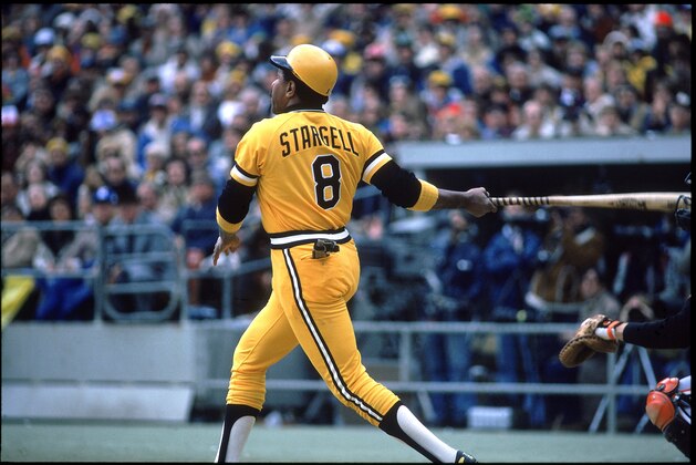 1979:  Willie Stargell #8 of the Pittsburgh Pirates watches the flight of the ball in the 1979 World Series.  (Photo by Rich Pilling/MLB Photos)