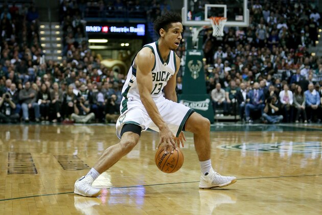 MILWAUKEE, WI - APRIL 27:  Malcolm Brogdon #13 of the Milwaukee Bucks dribbles the ball in the second quarter in Game Six of the Eastern Conference Quarterfinals against the Toronto Raptors during the 2017 NBA Playoffs at BMO Harris Bradley Center on April 27, 2017 in Milwaukee, Wisconsin. NOTE TO USER: User expressly acknowledges and agrees that, by downloading and or using this photograph, User is consenting to the terms and conditions of the Getty Images License Agreement. (Photo by Dylan Buell/Getty Images))