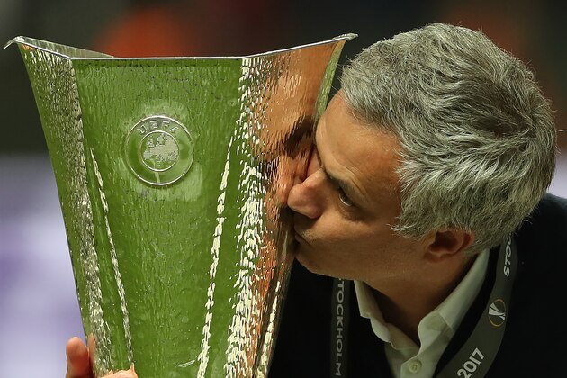 STOCKHOLM, SWEDEN - MAY 24: Manchester United manager Jose Mourinho kisses the trophy during the UEFA Europa League Final match between Ajax and Manchester United at Friends Arena on May 24, 2017 in Stockholm, Sweden. (Photo by Ian MacNicol/Getty Images)