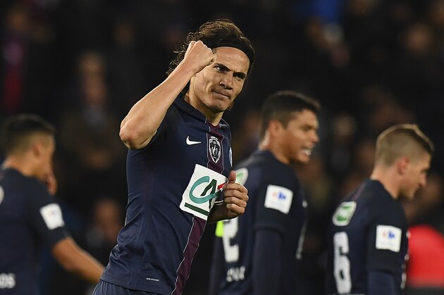 Paris Saint-Germain's Uruguayan forward Edinson Cavani celebrates his goal during the French Cup semi-final match between Paris Saint-Germain and Monaco at the Parc des Princes stadium in Paris on April 26, 2017. / AFP PHOTO / FRANCK FIFE        (Photo credit should read FRANCK FIFE/AFP/Getty Images)