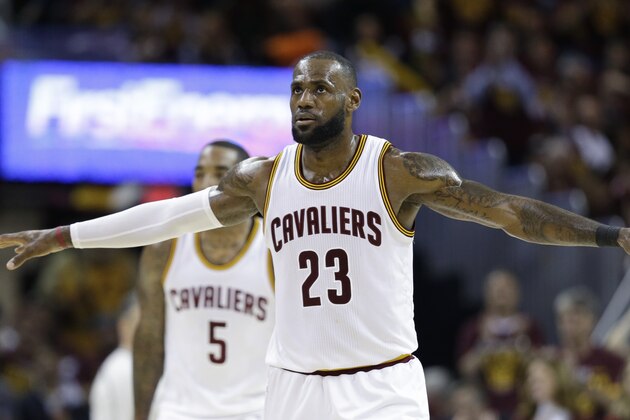 Cleveland Cavaliers' LeBron James (23) walks up the floor against the Boston Celtics during the second half of Game 4 of the NBA basketball Eastern Conference finals, Tuesday, May 23, 2017, in Cleveland. (AP Photo/Tony Dejak)
