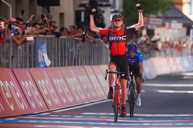 US Tejay Van Garderen of team BMC celebrates as he crosses the finish line ahead Spain's Mikel Landa of team Sky to win the 18th stage of the 100th Giro d'Italia, Tour of Italy, cycling race from Moena to Ortisei on May 25, 2017.  / AFP PHOTO / Luk BENIES        (Photo credit should read LUK BENIES/AFP/Getty Images)