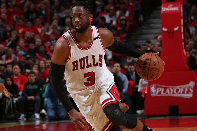 CHICAGO, IL - APRIL 28: Dwyane Wade #3 of the Chicago Bulls drives to the basket against the Boston Celtics in Game Six of the Eastern Conference Quartefinals of the 2017 NBA Playoffs on April 28, 2017 at the United Center in Chicago, Illinois. NOTE TO USER: User expressly acknowledges and agrees that, by downloading and or using this Photograph, user is consenting to the terms and conditions of the Getty Images License Agreement. Mandatory Copyright Notice: Copyright 2017 NBAE (Photo by Gary Dineen/NBAE via Getty Images)