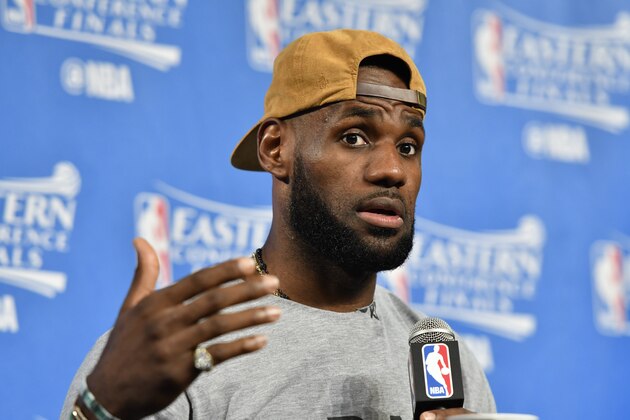 CLEVELAND, OH - MAY 23:  LeBron James #23 of the Cleveland Cavaliers talks to the media after the game against the Boston Celtics in Game Four of the Eastern Conference Finals of the 2017 NBA Playoffs on May 23, 2017 at The Quicken Loans Arena in Cleveland, Ohio. NOTE TO USER: User expressly acknowledges and agrees that, by downloading and/or using this Photograph, user is consenting to the terms and conditions of the Getty Images License Agreement. Mandatory Copyright Notice: Copyright 2017 NBAE (Photo by David Liam Kyle/NBAE via Getty Images)