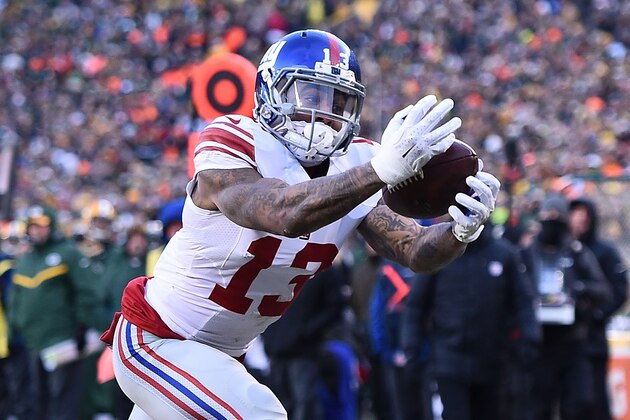 GREEN BAY, WI - JANUARY 08:  Odell Beckham Jr. #13 of the New York Giants is unable to catch a pass during the NFC Wild Card game against the Green Bay Packers at Lambeau Field on January 8, 2017 in Green Bay, Wisconsin.  The Packers defeated the Giants 38-13.  (Photo by Stacy Revere/Getty Images)