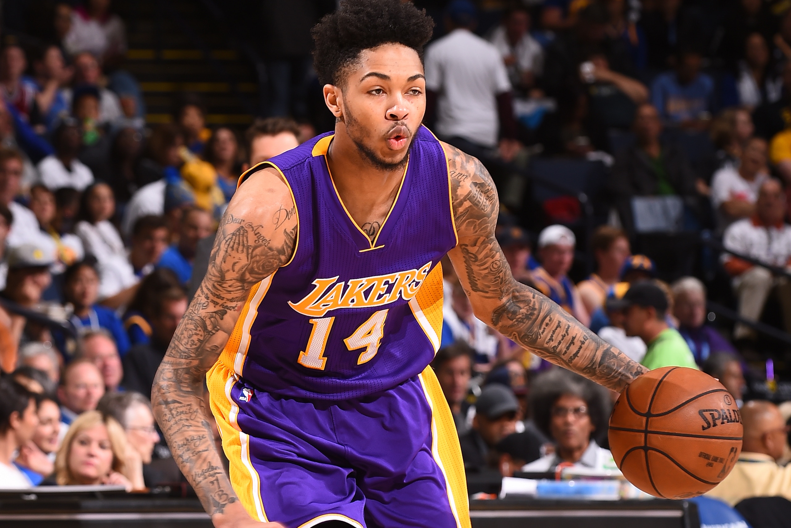 OAKLAND, CA - APRIL 12: Brandon Ingram #14 of the Los Angeles Lakers handles the ball against the Golden State Warriors on April 12, 2017 at ORACLE Arena in Oakland, California. NOTE TO USER: User expressly acknowledges and agrees that, by downloading and or using this photograph, user is consenting to the terms and conditions of Getty Images License Agreement. Mandatory Copyright Notice: Copyright 2017 NBAE (Photo by Noah Graham/NBAE via Getty Images) OAKLAND, CA - APRIL 12: Brandon Ingram #14 of the Los Angeles Lakers handles the ball against the Golden State Warriors on April 12, 2017 at ORACLE Arena in Oakland, California. NOTE TO USER: User expressly acknowledges and agrees that, by downloading and or using this photograph, user is consenting to the terms and conditions of Getty Images License Agreement. Mandatory Copyright Notice: Copyright 2017 NBAE (Photo by Noah Graham/NBAE via Getty Images)