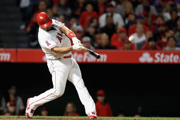 ANAHEIM, CA - MAY 17:  Albert Pujols #5 of the Los Angeles Angels of Anaheim hits a two-run single during the second inning of a game against the Chicago White Sox at Angel Stadium of Anaheim on May 17, 2017 in Anaheim, California.  (Photo by Sean M. Haffey/Getty Images)