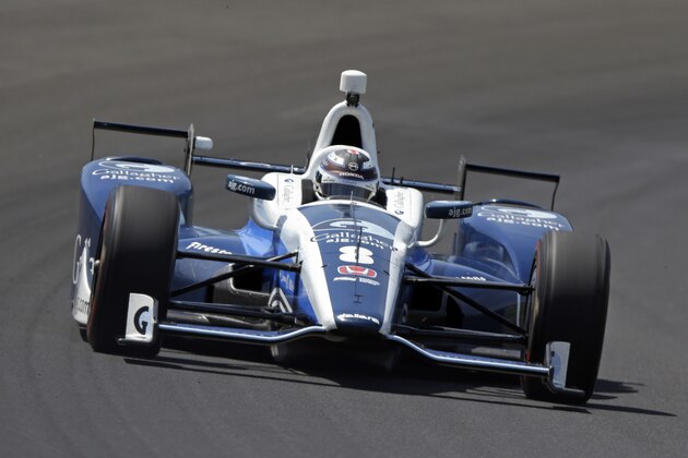 Max Chilton, of England, drives through the first turn during practice for the Indianapolis 500 IndyCar auto race at Indianapolis Motor Speedway, Monday, May 22, 2017, in Indianapolis. (AP Photo/Michael Conroy)