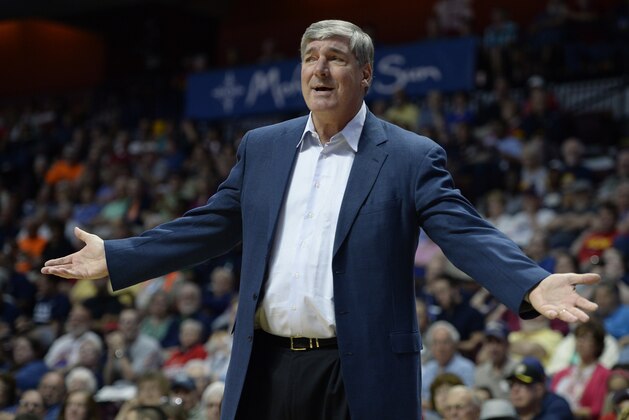 New York Liberty head coach Bill Laimbeer reacts toward an official during the first half of a WNBA basketball game against the Connecticut Sun, Thursday, June 16, 2016, in Uncasville, Conn. (AP Photo/Jessica Hill)