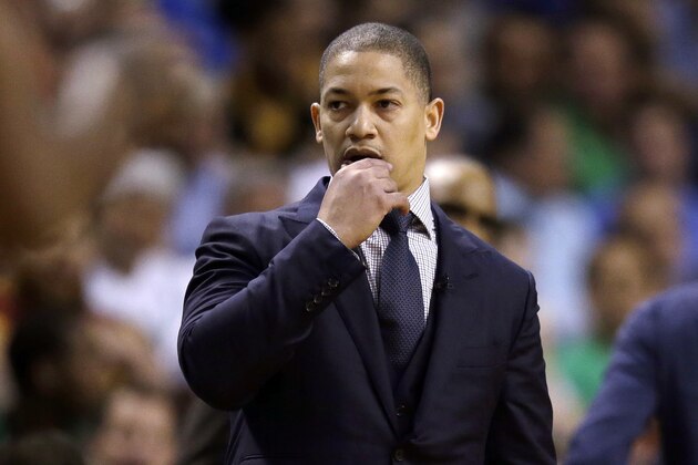 Cleveland Cavaliers coach Tyronn Lue watches from the sideline during the third quarter of Game 1 of the NBA basketball Eastern Conference finals against the Boston Celtics, Wednesday, May 17, 2017, in Boston. (AP Photo/Charles Krupa)