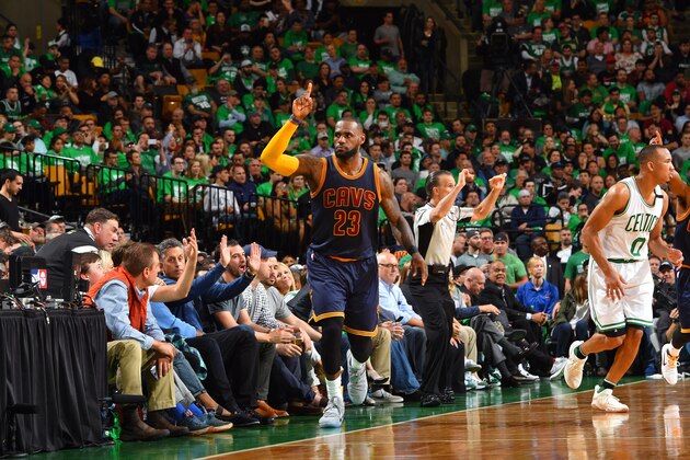 BOSTON, MA - MAY 25: LeBron James #23 of the Cleveland Cavaliers celebrates after he scores a three-pointer to pass Micheal Jordan in career playoff scoring during the game against the Boston Celtics during Game Five of the Eastern Conference Finals of the 2017 NBA Playoffs on May 25, 2017 at the TD Garden in Boston, Massachusetts.  NOTE TO USER: User expressly acknowledges and agrees that, by downloading and or using this photograph, User is consenting to the terms and conditions of the Getty Images License Agreement. Mandatory Copyright Notice: Copyright 2017 NBAE  (Photo by Jesse D. Garrabrant/NBAE via Getty Images)