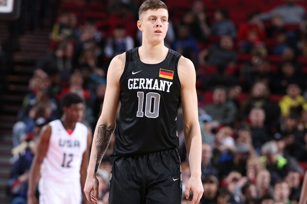 PORTLAND, OR - APRIL 7: Isaiah Hartenstein #10 of the World Select Team looks on against the USA Junior Select Team during the game on April 7, 2017 at the MODA Center Arena in Portland, Oregon. NOTE TO USER: User expressly acknowledges and agrees that, by downloading and or using this photograph, User is consenting to the terms and conditions of License Agreement. Mandatory Copyright Notice: Copyright 2017 NBAE (Photo by Sam Forencich)