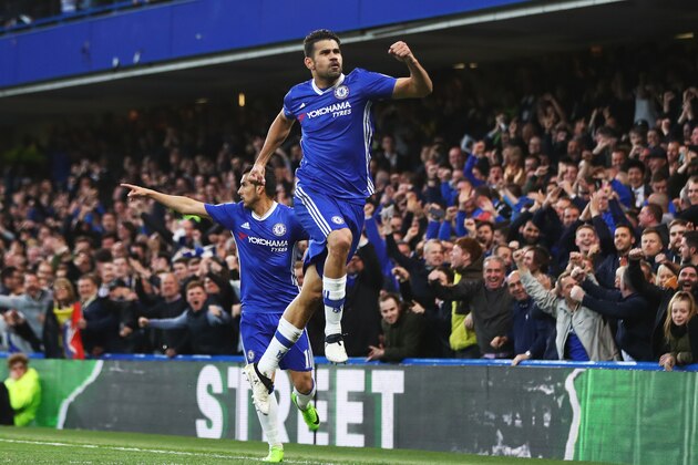 LONDON, ENGLAND - MAY 08:  Diego Costa of Chelsea celebrates after scoring his sides first goal during the Premier League match between Chelsea and Middlesbrough at Stamford Bridge on May 8, 2017 in London, England.  (Photo by Michael Steele/Getty Images)