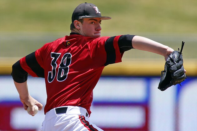 Louisville's Brendan McKay (38) delivers against Florida State during the fifth inning of an Atlantic Coast Conference tournament college baseball game Saturday, May 23, 2015, in Durham, N.C. Florida State won 6-0 to advance to the finals Sunday. (AP Photo/Karl B DeBlaker)