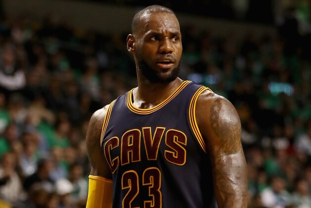 BOSTON, MA - MAY 25:  LeBron James #23 of the Cleveland Cavaliers reacts in the third quarter against the Boston Celtics during Game Five of the 2017 NBA Eastern Conference Finals at TD Garden on May 25, 2017 in Boston, Massachusetts. NOTE TO USER: User expressly acknowledges and agrees that, by downloading and or using this photograph, User is consenting to the terms and conditions of the Getty Images License Agreement.  (Photo by Elsa/Getty Images)