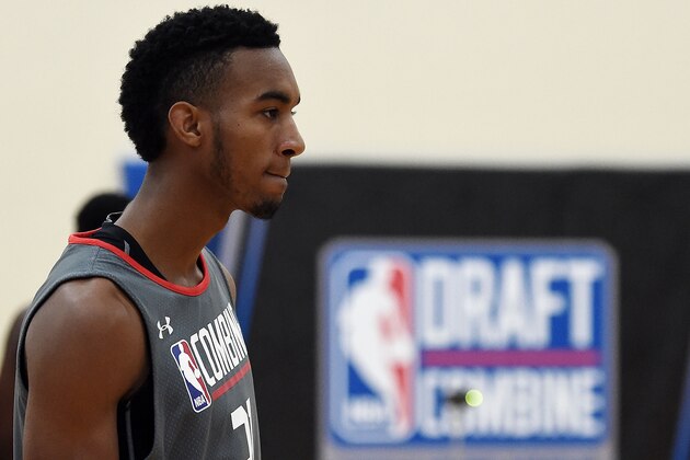 CHICAGO, IL - MAY 12:  Terrance Ferguson #21 participates in drills during Day Two of the NBA Draft Combine at Quest MultiSport Complex on May 12, 2017 in Chicago, Illinois.  NOTE TO USER: User expressly acknowledges and agrees that, by downloading and or using this photograph, User is consenting to the terms and conditions of the Getty Images License Agreement.  (Photo by Stacy Revere/Getty Images)
