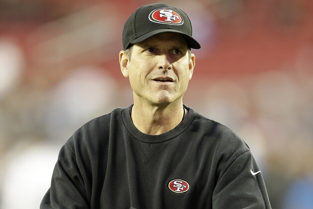 San Francisco 49ers head coach Jim Harbaugh before an NFL football game against the San Diego Chargers in Santa Clara, Calif., Saturday, Dec. 20, 2014. (AP Photo/Ben Margot)