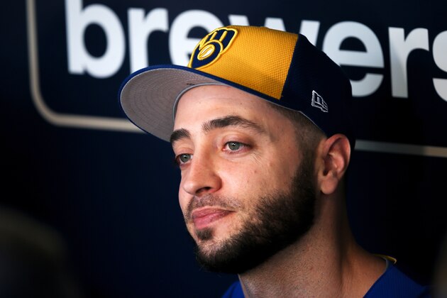MILWAUKEE, WI - MAY 12:  Ryan Braun #8 of the Milwaukee Brewers speaks to the media before the game against the New York Mets at Miller Park on May 12, 2017 in Milwaukee, Wisconsin. (Photo by Dylan Buell/Getty Images)