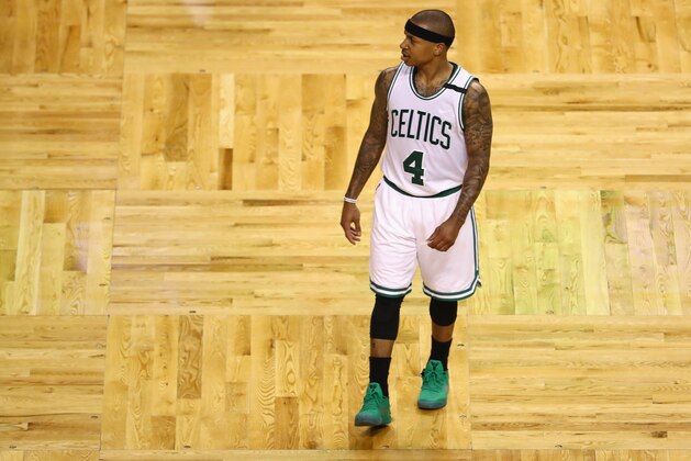BOSTON, MA - MAY 19:  Isaiah Thomas #4 of the Boston Celtics reacts in the first half against the Cleveland Cavaliers during Game Two of the 2017 NBA Eastern Conference Finals at TD Garden on May 19, 2017 in Boston, Massachusetts. NOTE TO USER: User expressly acknowledges and agrees that, by downloading and or using this photograph, User is consenting to the terms and conditions of the Getty Images License Agreement.  (Photo by Tim Bradbury/Getty Images)