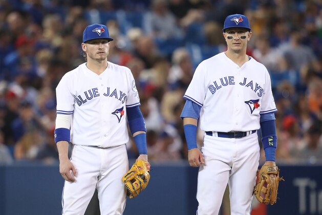 TORONTO, CANADA - JULY 8: Josh Donaldson #20 of the Toronto Blue Jays and Troy Tulowitzki #2 during a break in the action during MLB game action against the Detroit Tigers on July 8, 2016 at Rogers Centre in Toronto, Ontario, Canada. (Photo by Tom Szczerbowski/Getty Images)
