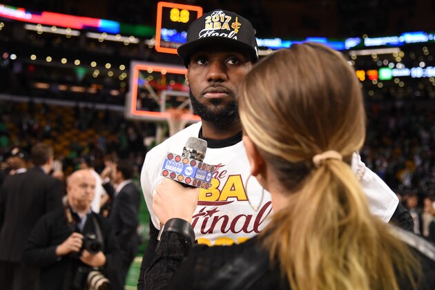 BOSTON, MA - MAY 25:  LeBron James #23 of the Cleveland Cavaliers talks to the media after defeating the Boston Celtics in Game Five of the Eastern Conference Finals of the 2017 NBA Playoffs on May 25, 2017 at the TD Garden in Boston, Massachusetts. NOTE TO USER: User expressly acknowledges and agrees that, by downloading and or using this photograph, User is consenting to the terms and conditions of the Getty Images License Agreement. Mandatory Copyright Notice: Copyright 2017 NBAE (Photo by Brian Babineau/NBAE via Getty Images)