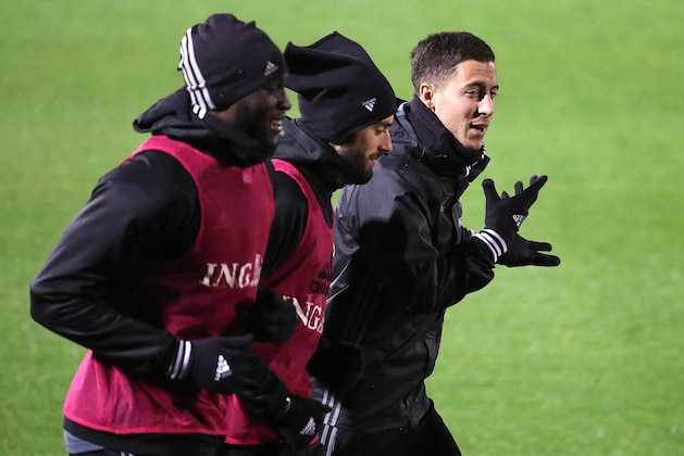 (L-R) Belgium's forward Romelu Lukaku, midfielder Yannick Ferreira Carrasco and forward Eden Hazard take part in a training in Tubize on November 12, 2016 on the eve of the 2018 World Cup European zone group H football match between Belgium and Estonia. / AFP / BELGA / LAURIE DIEFFEMBACQ / Belgium OUT        (Photo credit should read LAURIE DIEFFEMBACQ/AFP/Getty Images)