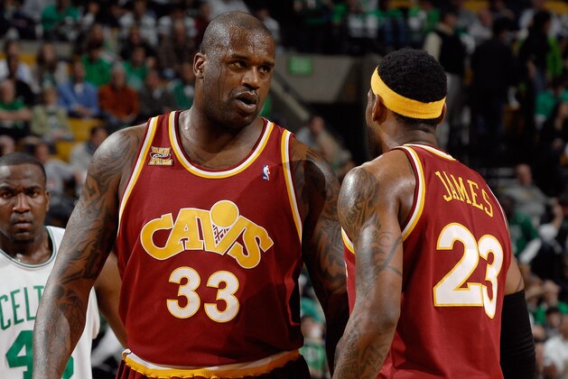 BOSTON - MAY 9:  Shaquille O'Neal #33 and LeBron James #23 of the Cleveland Cavaliers talk while taking on the Boston Celtics in Game Four of the Eastern Conference Semifinals during the 2010 NBA Playoffs on May 9, 2010 at TD Banknorth Garden in Boston, Massachusetts.  The Celtics won 97-87.  NOTE TO USER: User expressly acknowledges and agrees that, by downloading and/or using this Photograph, user is consenting to the terms and conditions of the Getty Images License Agreement. Mandatory Copyright Notice: Copyright 2010 NBAE (Photo by Brian Babineau/NBAE via Getty Images)