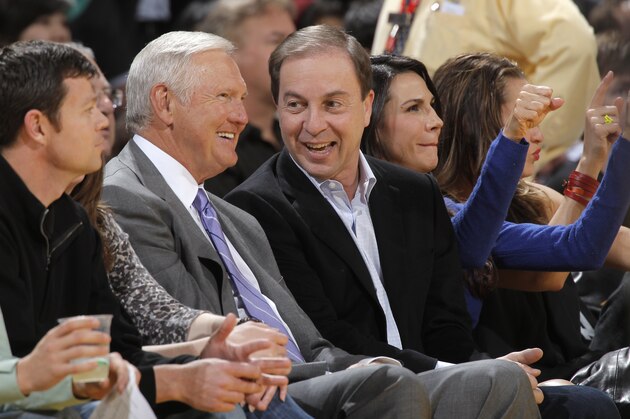 OAKLAND, CA - MARCH 27: Golden State Warriors owner Joe Lacob and NBA legend Jerry West watch a game between the Sacramento Kings and the Golden State Warriors on March 27, 2013 at Oracle Arena in Oakland, California. NOTE TO USER: User expressly acknowledges and agrees that, by downloading and or using this photograph, user is consenting to the terms and conditions of Getty Images License Agreement. Mandatory Copyright Notice: Copyright 2013 NBAE (Photo by Rocky Widner/NBAE via Getty Images)