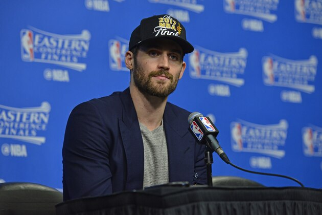 BOSTON, MA - MAY 25:  Kevin Love #0 of the Cleveland Cavaliers talks to the media during a press conference after winning Game Five of the Eastern Conference Finals against the Boston Celtics during the 2017 NBA Playoffs on May 25, 2017 at the TD Garden in Boston, Massachusetts. NOTE TO USER: User expressly acknowledges and agrees that, by downloading and or using this photograph, User is consenting to the terms and conditions of the Getty Images License Agreement. Mandatory Copyright Notice: Copyright 2017 NBAE (Photo by David Dow/NBAE via Getty Images)