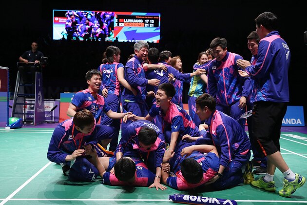 GOLD COAST, AUSTRALIA - MAY 28:  Korea celebrate after winning the Final match against China during the Sudirman Cup at the Carrara Sports & Leisure Centre on May 28, 2017 in Gold Coast, Australia.  (Photo by Chris Hyde/Getty Images)