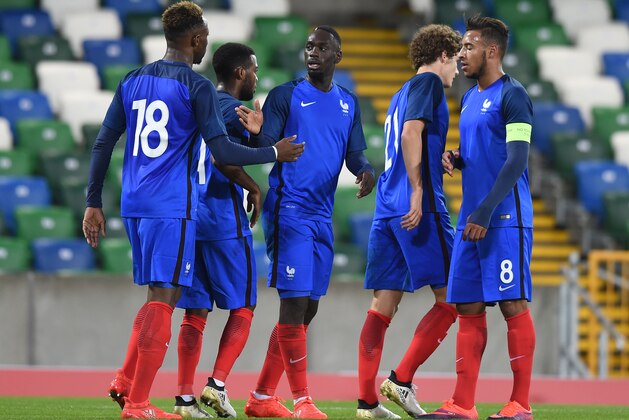 BELFAST, NORTHERN IRELAND - OCTOBER 11: Jean-Kevin Augustin (C) of France celebrates with team mates after scoring during the UEFA European 2017 U21 qualifier between Northern Ireland and France at Windsor Park on October 11, 2016 in Belfast, Northern Ireland. (Photo by Charles McQuillan/Getty Images)