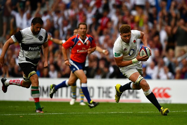 LONDON, ENGLAND - MAY 28:  Nick Isiekwe of England runs in to score his side's second try during the Old Mutual Wealth Cup match between England and The Barbarians at Twickenham Stadium on May 28, 2017 in London, England. (Photo by Dan Mullan/Getty Images)
