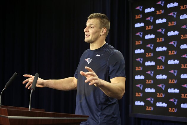 New England Patriots tight end Rob Gronkowski faces reporters during a news conference, Wednesday, Nov. 2, 2016, in Foxborough, Mass. (AP Photo/Steven Senne) New England Patriots tight end Rob Gronkowski faces reporters during a news conference, Wednesday, Nov. 2, 2016, in Foxborough, Mass. (AP Photo/Steven Senne)