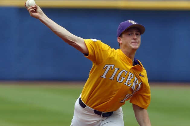 LSU pitcher Eric Walker (10) throws a pitch against Arkansas during the first inning of the championship game in the Southeastern Conference NCAA college baseball tournament, Sunday, May 28, 2017, in Hoover, Ala. (AP Photo/Butch Dill)